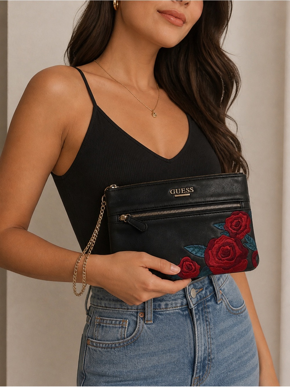 GUESS Black Clutch with embroidered Red Roses